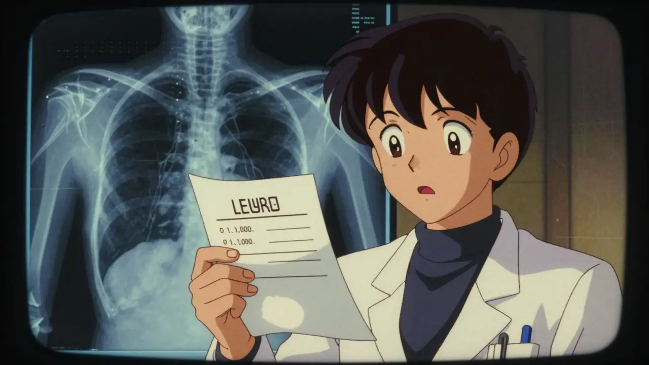 Doctor holding blood test showing low lymphocytes with pneumonia X-ray overlay
