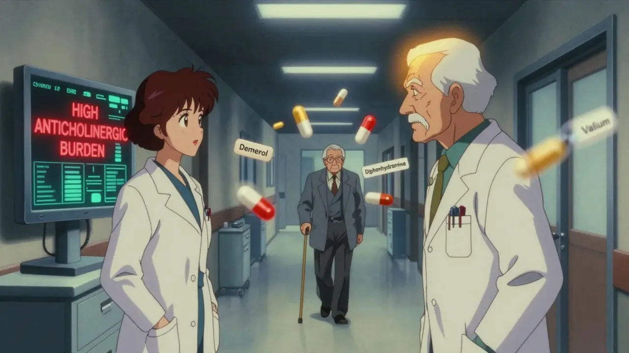 Doctors argue beside a medical screen alert, while pills dissolve around a senior walking calmly down a hospital hall.