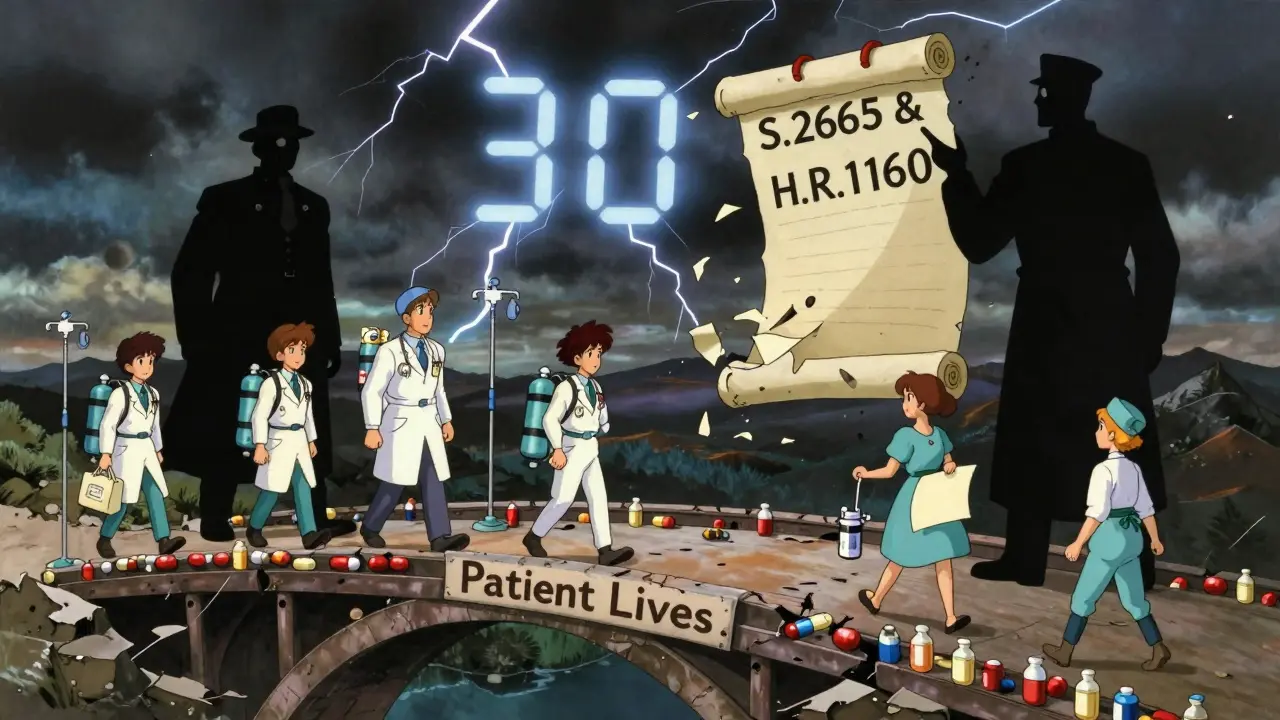 Doctors cross pill bottle bridge while lawmakers argue over torn legislation scroll.