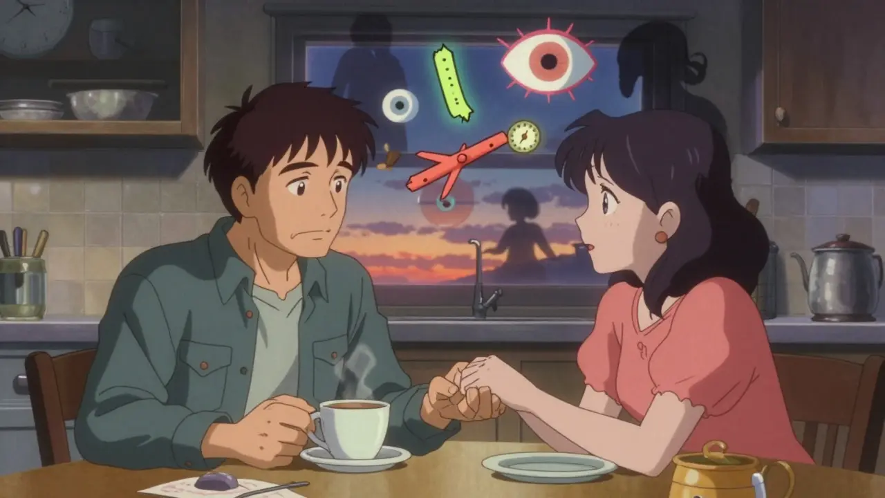 Elderly man seeing hallucinations at kitchen table while family watches in concern, retro anime aesthetic.