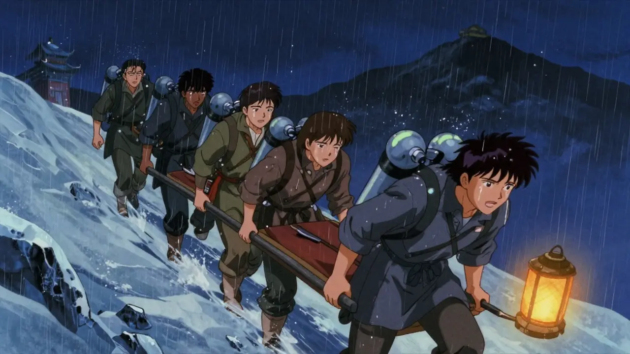 Exhausted pilgrims carrying a stretcher down an icy ridge at night, glowing oxygen canister and hyperbaric bag visible.