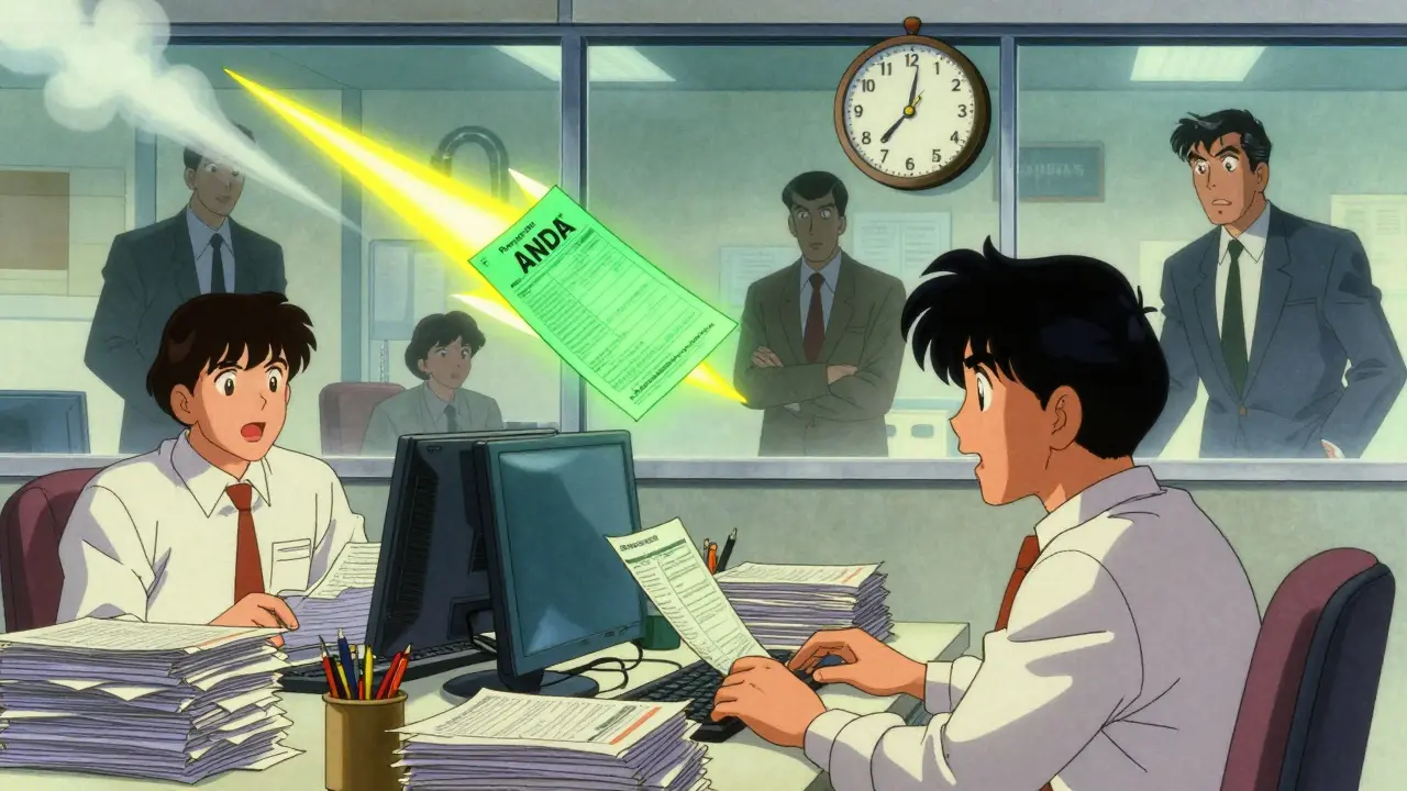 FDA clerks processing ANDA forms in a retro anime office, one glowing Paragraph IV form shooting like a rocket.