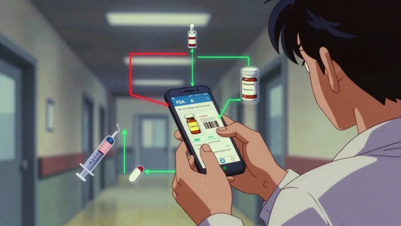 Healthcare worker scanning a pill barcode with FDA app, surrounded by animated supply chain data in a hospital corridor.