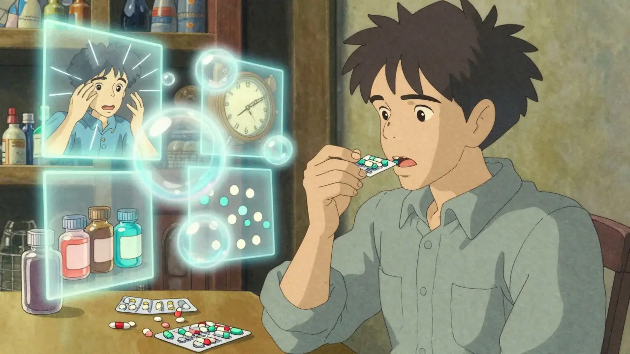 Man calmly taking a pill from a blister pack while past confusion fades around him.