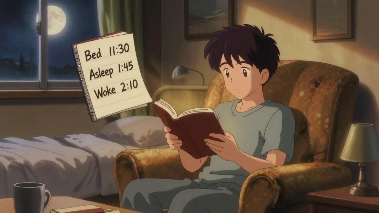 Man reading in a dimly lit room, bed empty, sleep journal beside him.