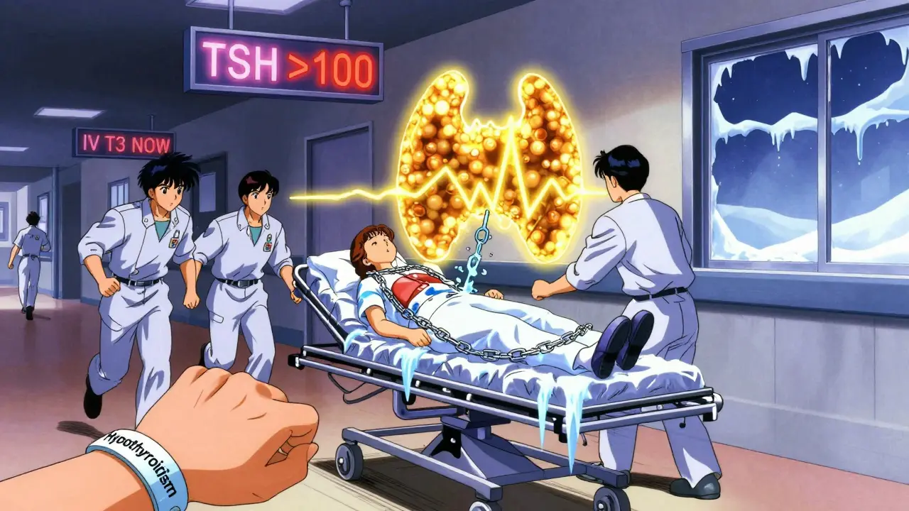 Medical team rushing patient with glowing thyroid hormone molecule, medical bracelet visible, retro anime style
