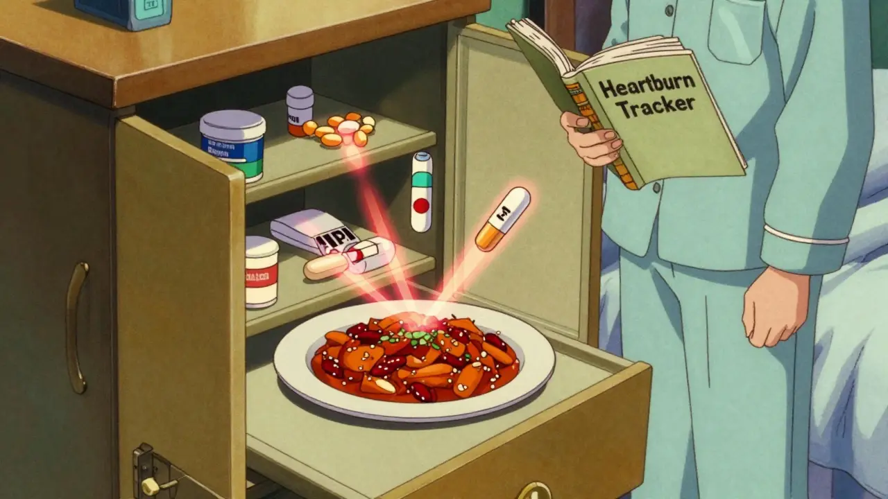 Medications floating above spicy food, warning rays intersecting, person holding heartburn tracker in vintage anime setting.