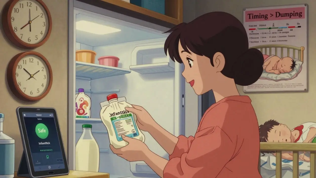 Mother storing pumped milk with app showing safety rating and baby sleeping nearby.