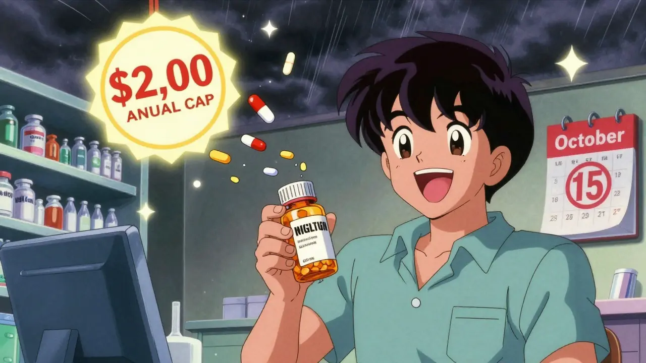 Patient celebrating with a low-cost generic pill as expensive drugs turn to confetti, ,000 cap glowing in the sky.