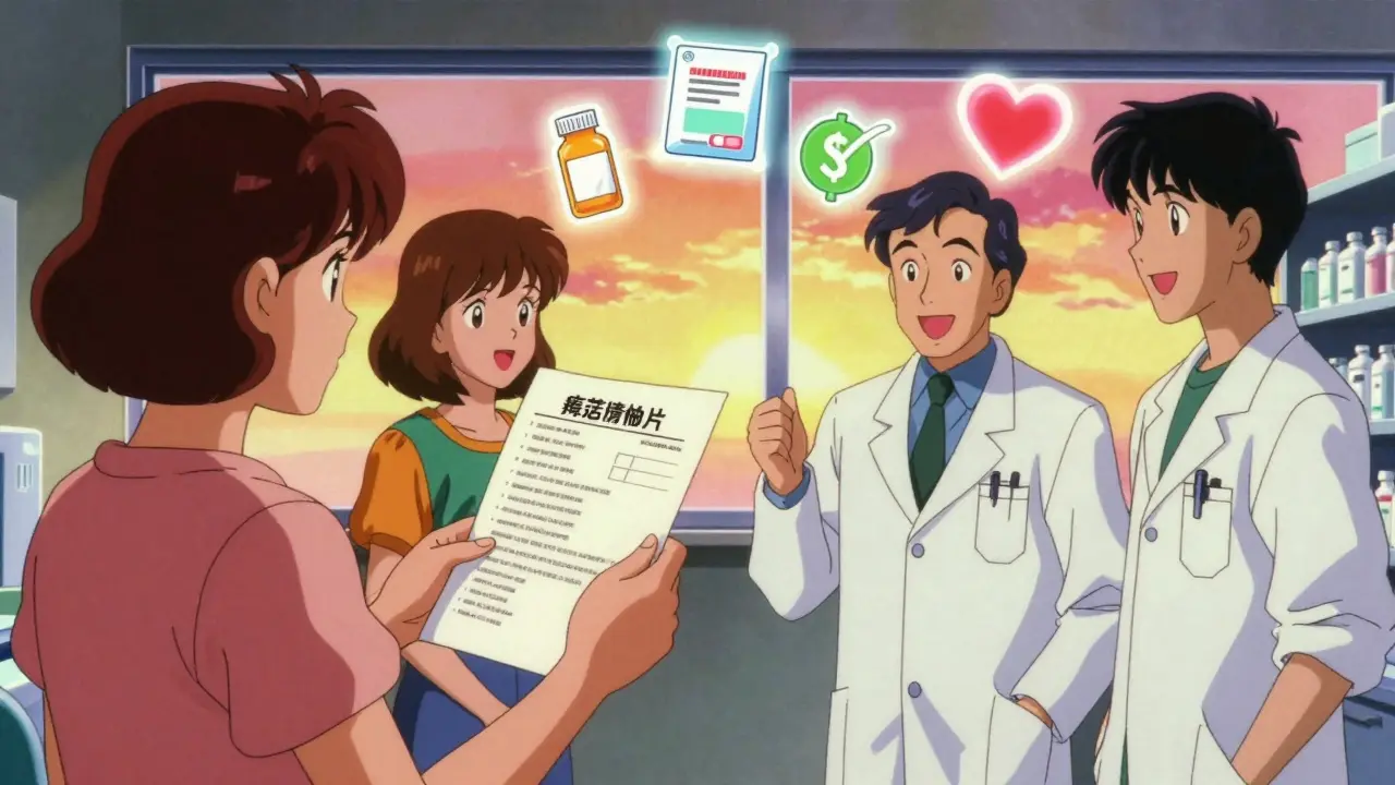 Patient holding medication list with pharmacist and doctor, symbols of savings and safety floating, retro anime style