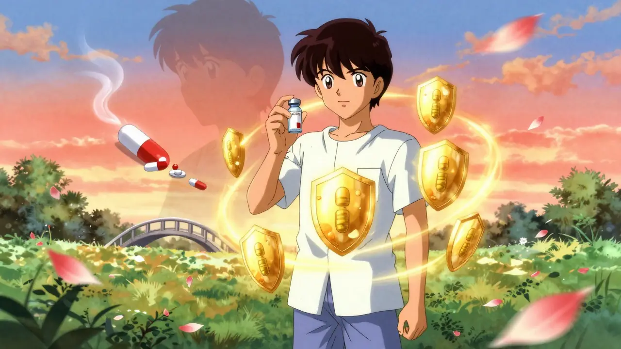 Patient in garden holding vaccine as protective shields glow, pills dissolving into smoke