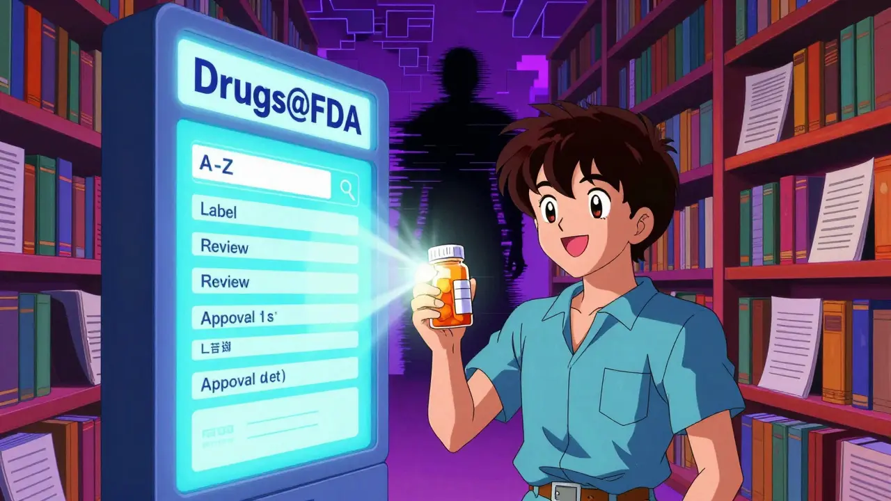 Patient standing before a digital library of FDA drug documents with A-Z trap in background