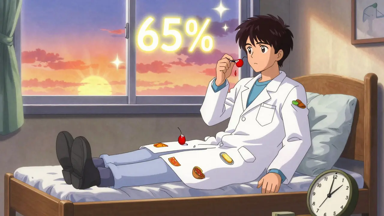 Person reintroducing salsa with shrinking capsaicin molecules, elevated bed, and 65% success symbol in retro anime style.