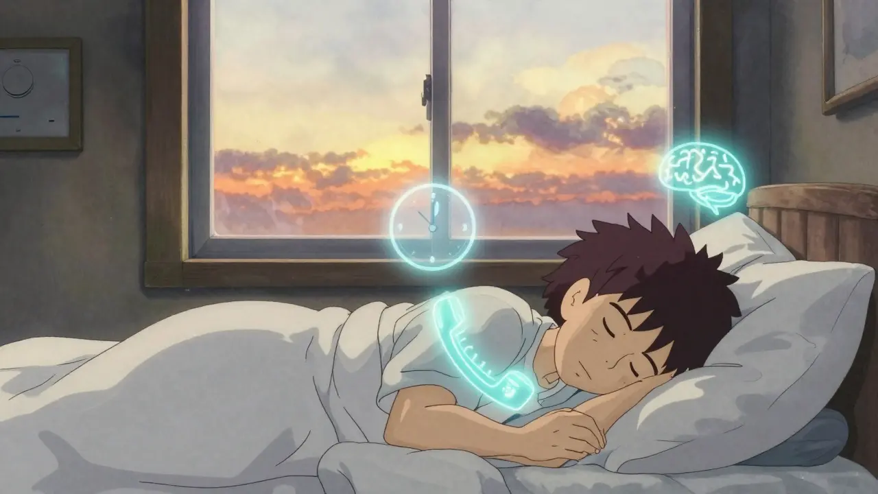 Person sleeping peacefully at sunrise with calming symbols floating around them.