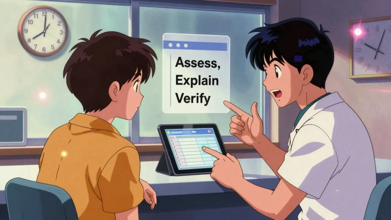 Pharmacist and patient using teach-back method with digital checklist overlay in 1980s anime aesthetic.