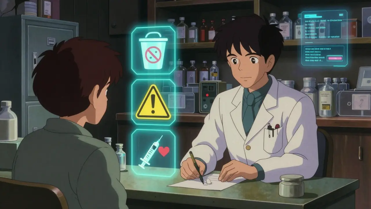 Pharmacist counseling about opioid safety with four key icons and subtle AI interface in retro anime style.