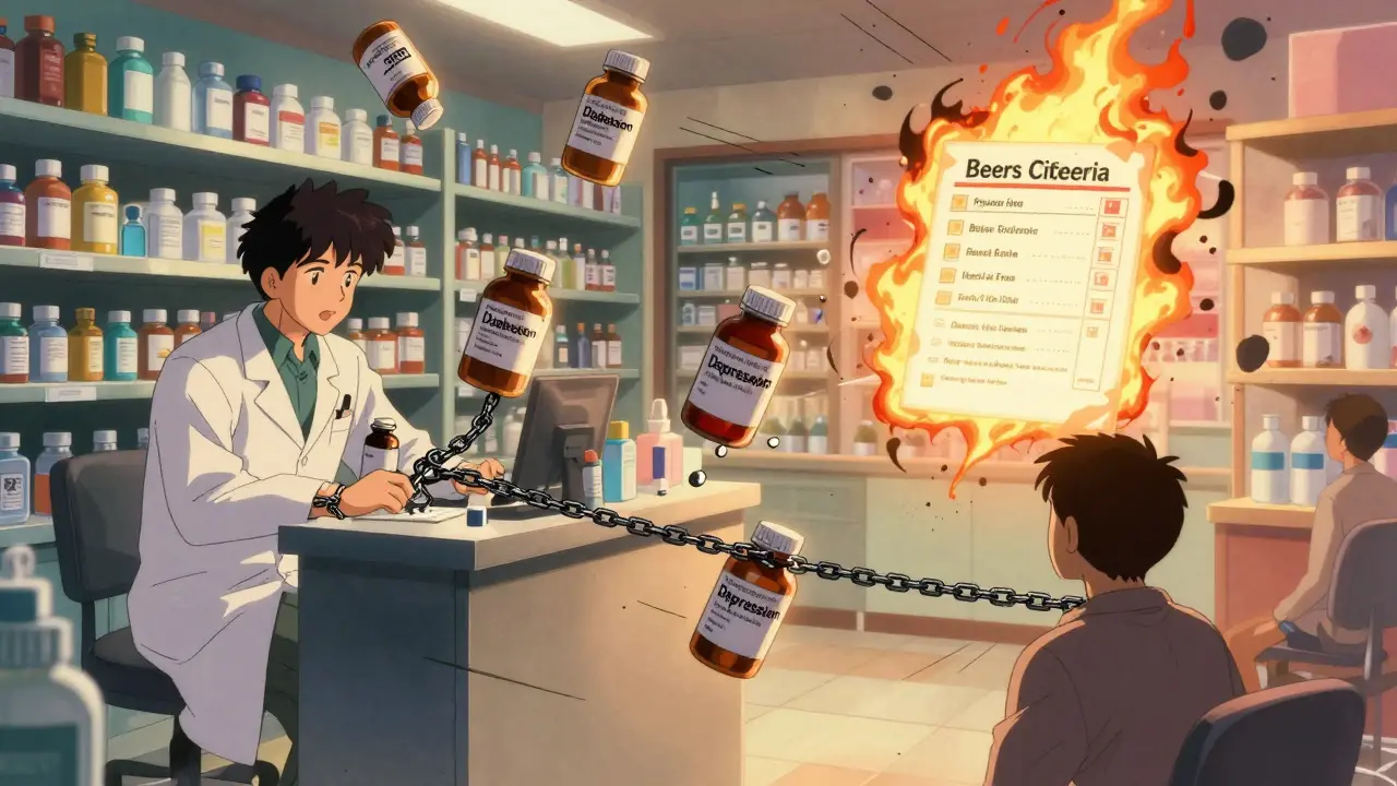 Pharmacist overwhelmed by floating pills tied to patient's silhouette with chains, in retro anime aesthetic.