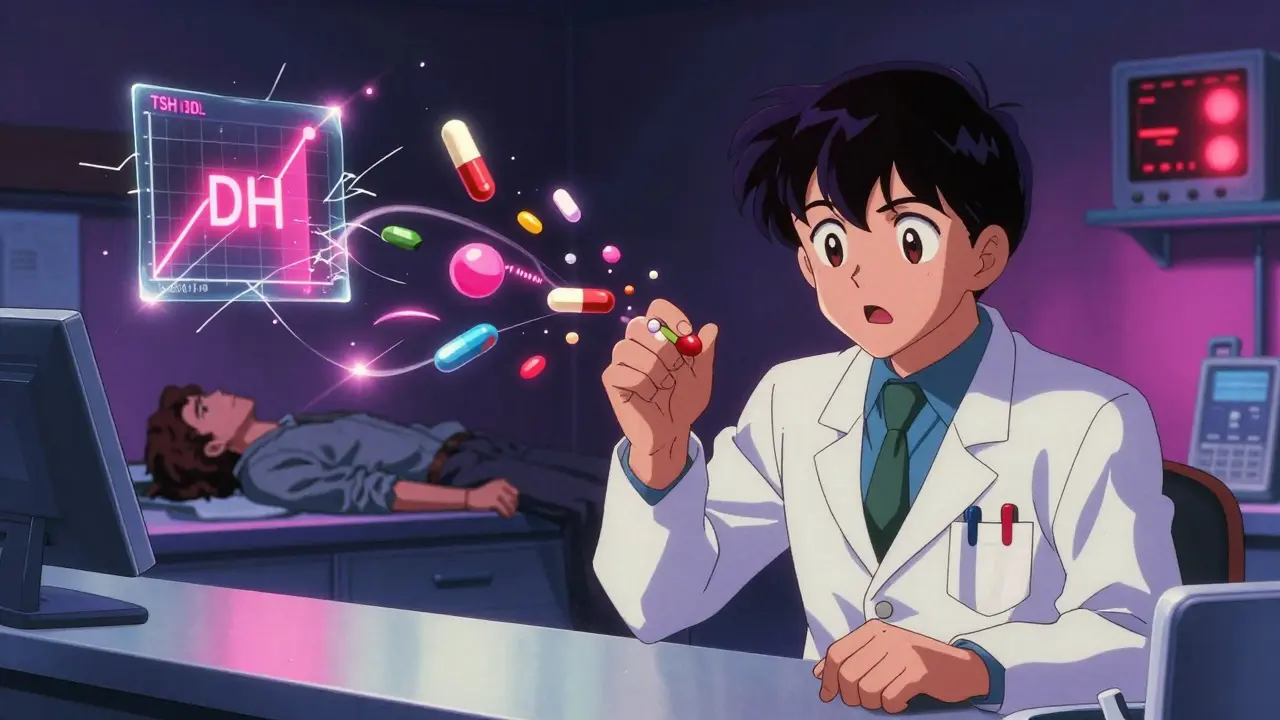 Pharmacist shocked as pill dissolves into colored particles, patient collapsing in background with medical data.