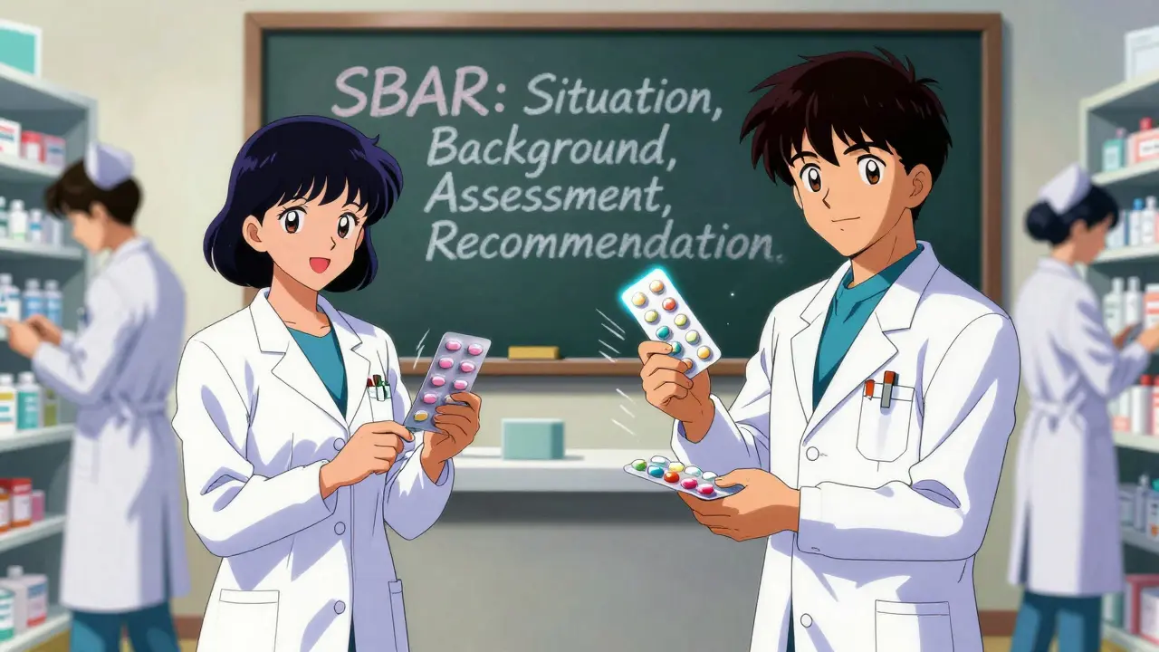 Pharmacy team preparing unit-dose blister packs with SBAR chart visible, retro anime style