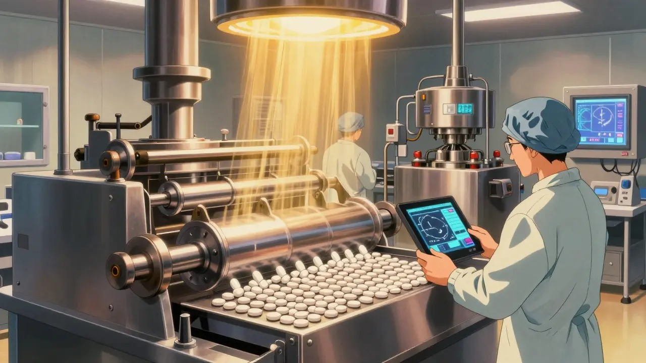 Tablets being pressed in a cleanroom with workers monitoring automated machinery.