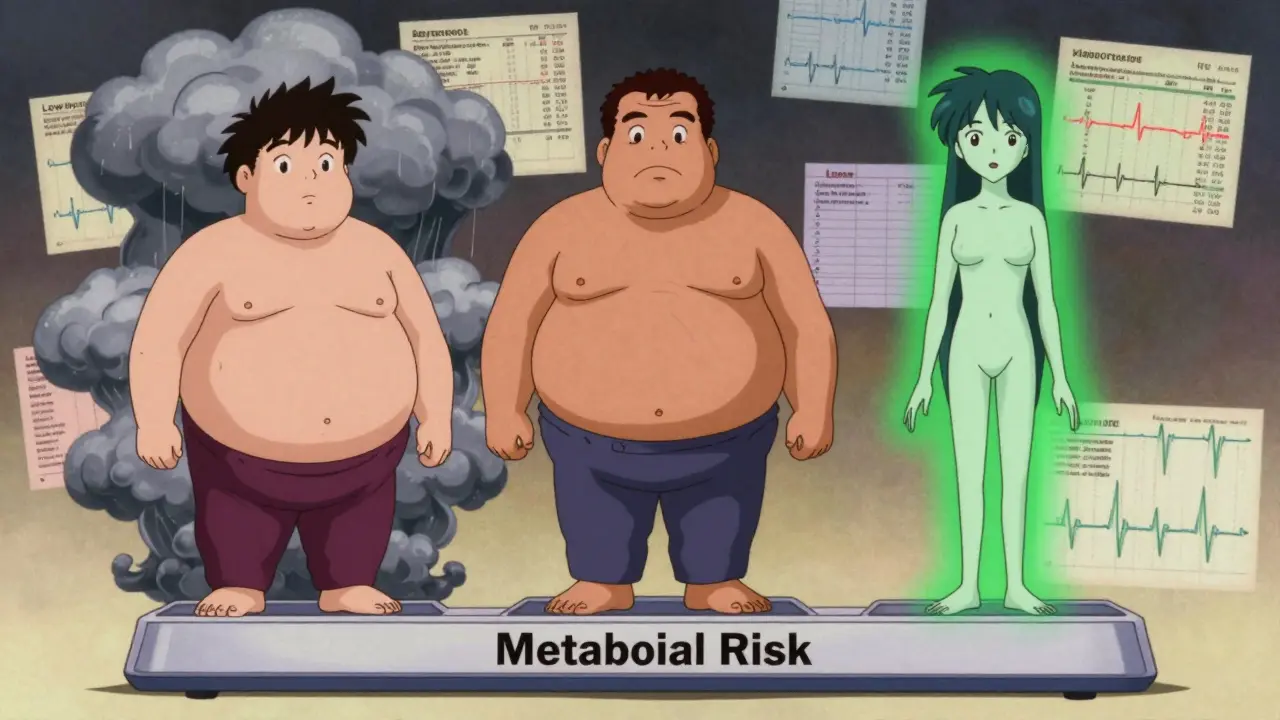 Three characters representing different antipsychotic drugs with varying metabolic risk levels in vintage anime style.
