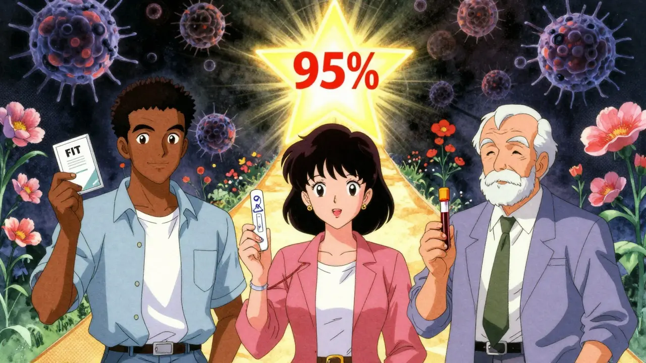 Three diverse people holding screening tools, path leading to a 95% survival star, cancer cells fading to flowers.