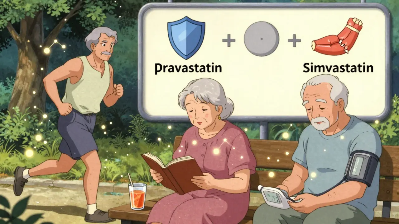 Three seniors living actively with pravastatin’s protective effects, illustrated with symbolic particles and statin comparisons.