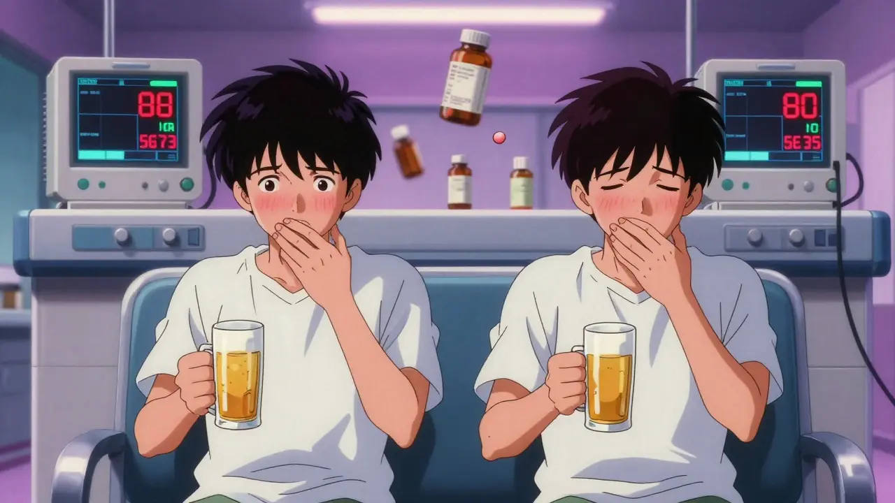 Two patients in an ER with identical reactions to alcohol, one taking metronidazole, both looking dizzy.