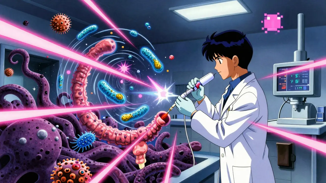 A cosmic battle between healthy gut bacteria and C. diff monsters during a fecal transplant procedure, rendered in retro anime style.