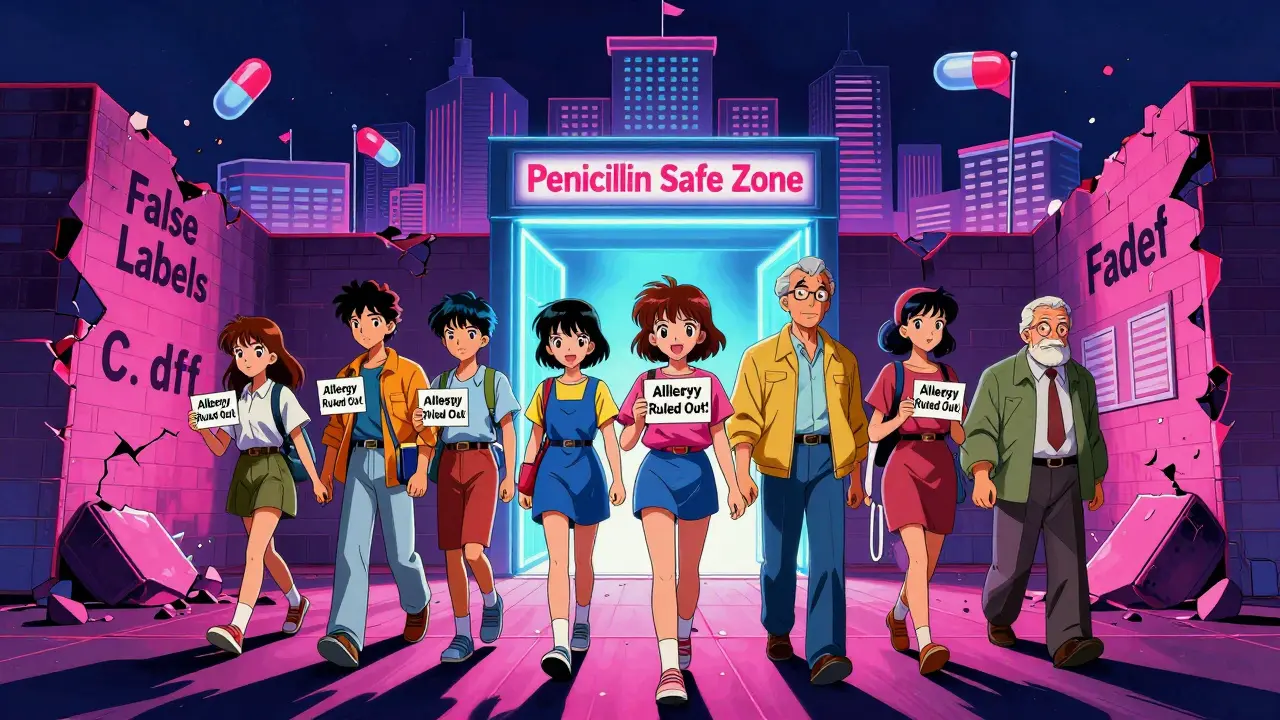 A diverse group of people walking through a portal labeled 'Penicillin Safe Zone' while false allergy labels crumble behind them.
