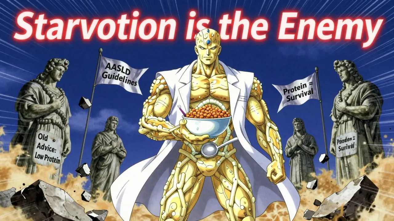 A heroic figure holding protein-rich foods as outdated medical advice crumbles, in retro anime style.