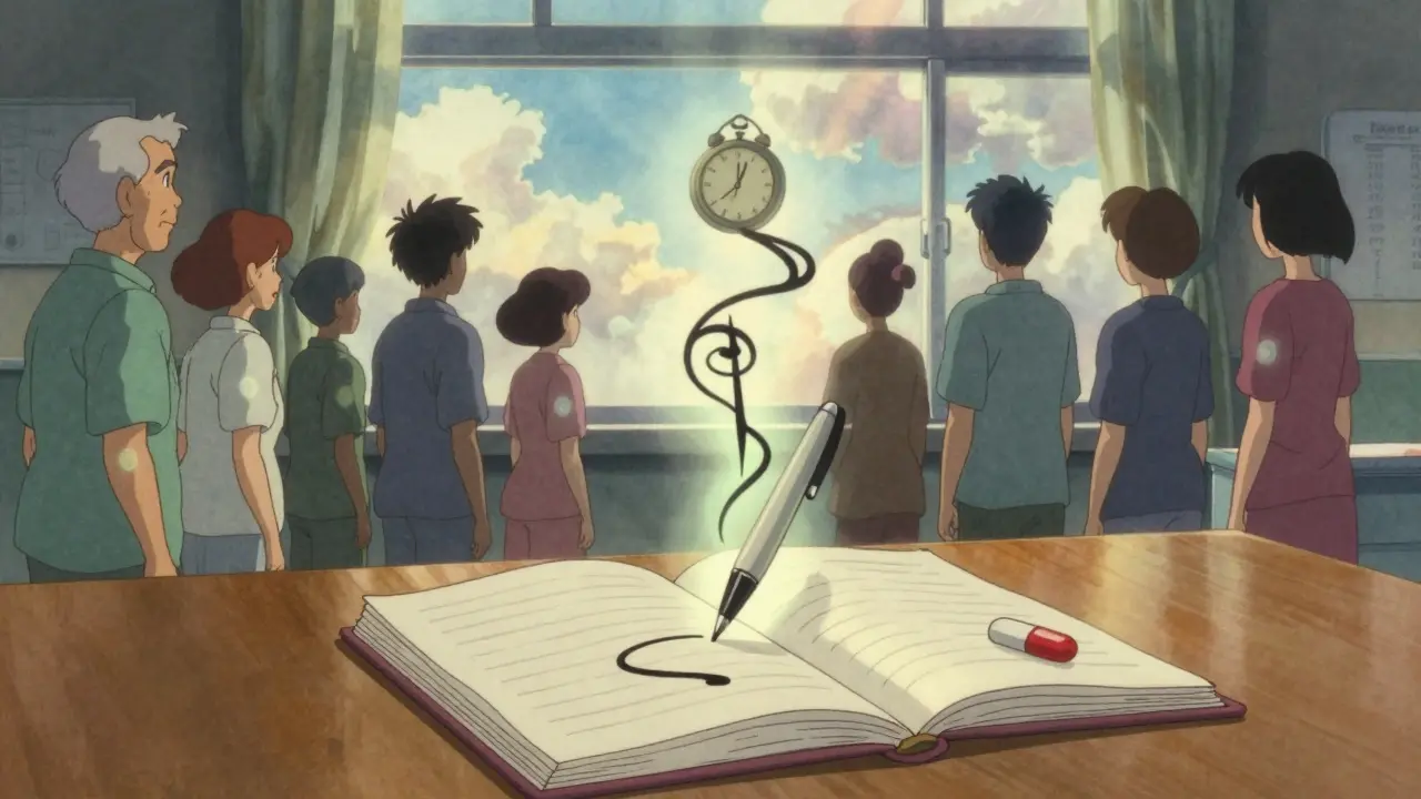 A journal floats with symbols of joint pain and time, while silhouetted patients look toward hope.