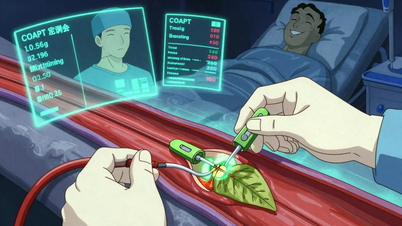 A MitraClip device sealing a leaking mitral valve with glowing green clips, illustrated in retro anime style with medical data floating nearby.
