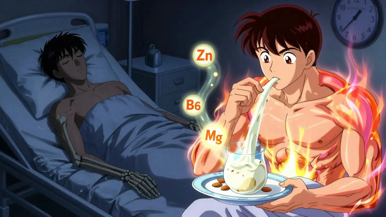 A patient enjoying a bedtime snack with glowing muscles, contrasting a prior skeletal state in retro anime style.