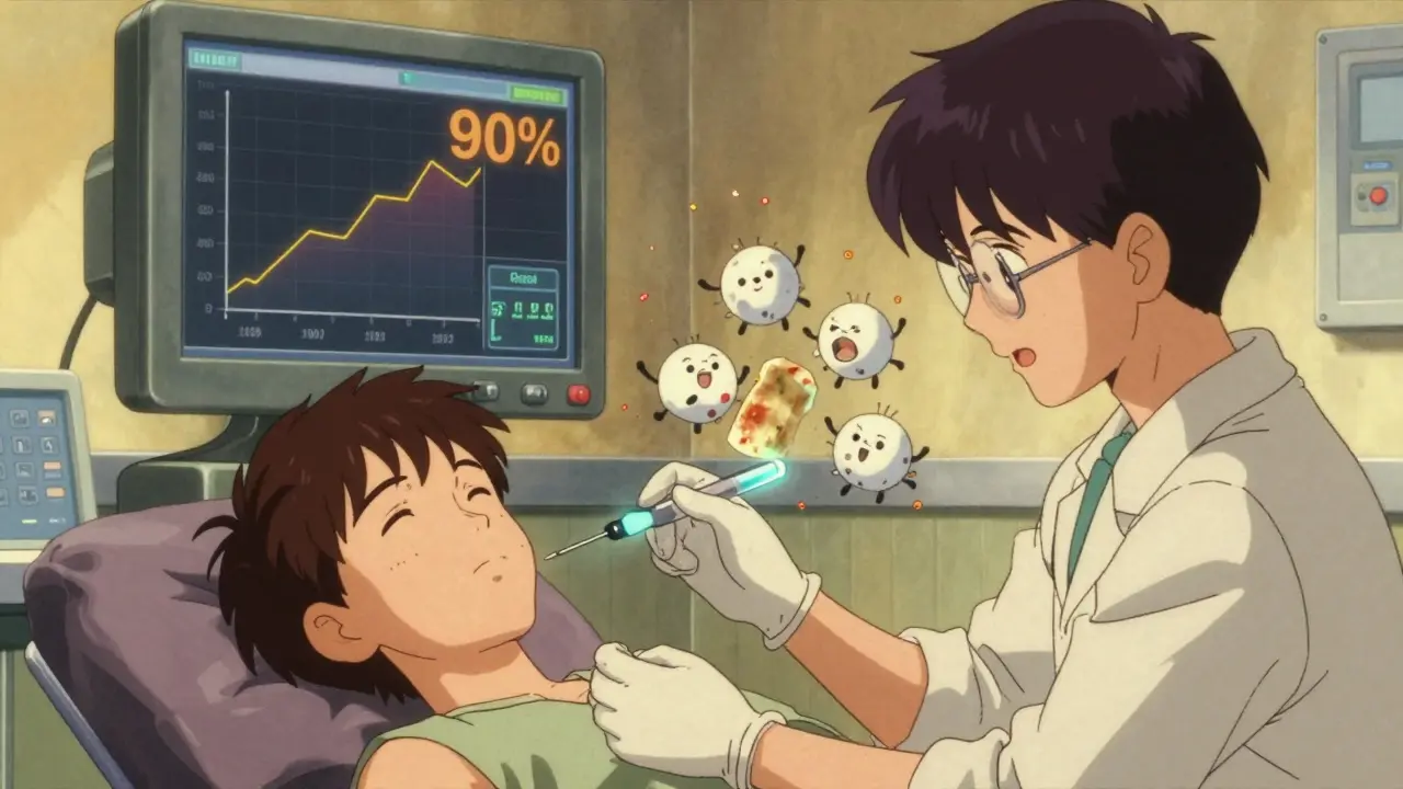 A patient receiving a penicillin skin test with cartoon immune cells waving goodbye to a fading allergy label.