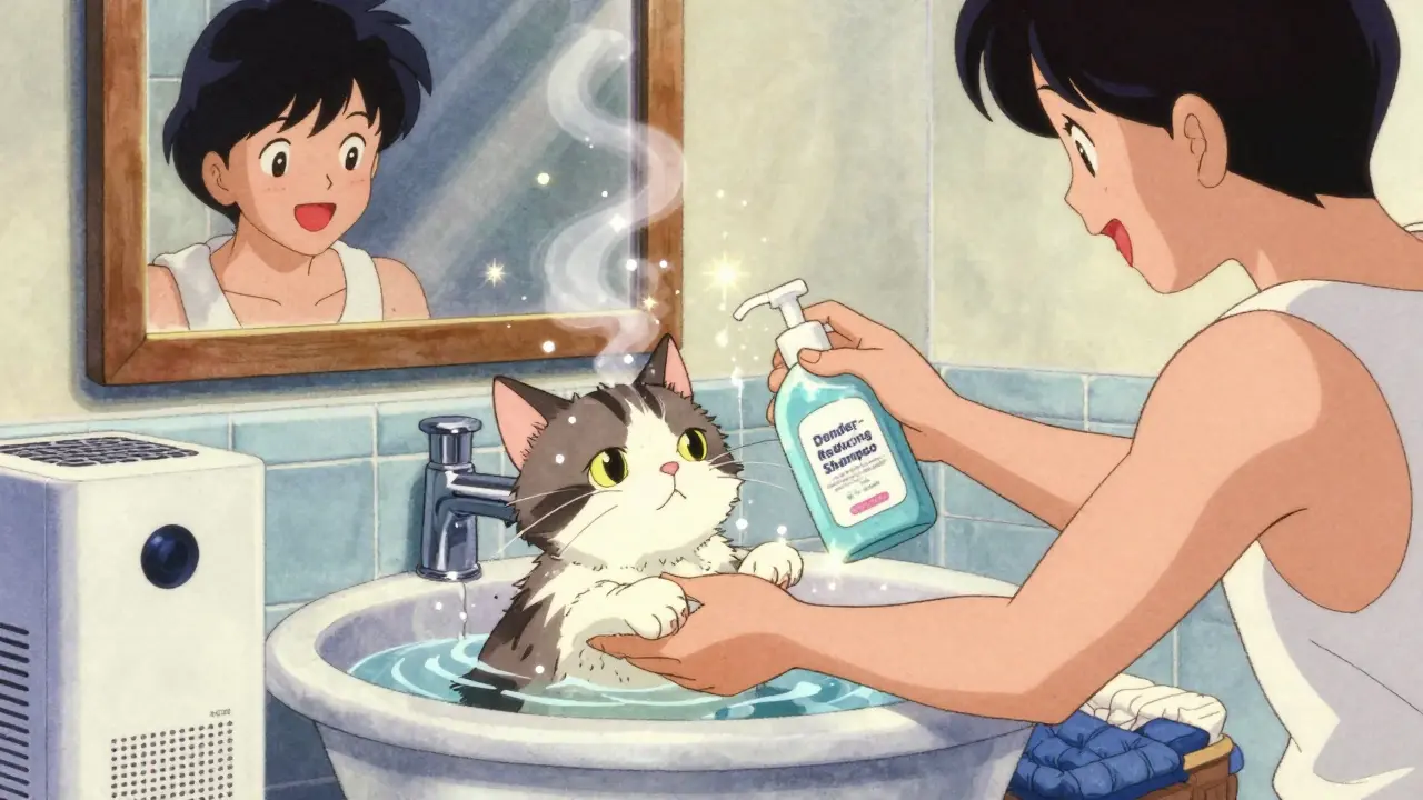 A person gently bathes a cat with dander-reducing shampoo, steam rising as allergens wash away.