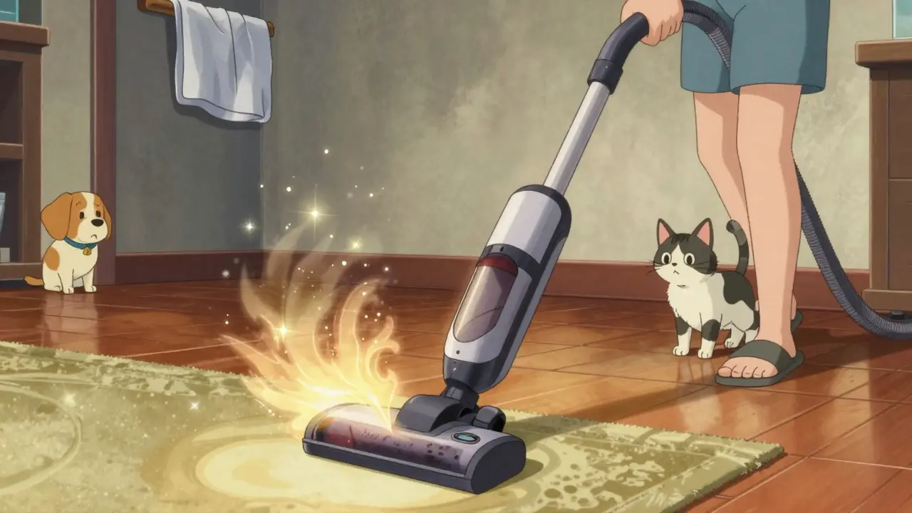 A person vacuums with a HEPA vacuum as pet dander disappears in sparkles, while pets watch from afar.