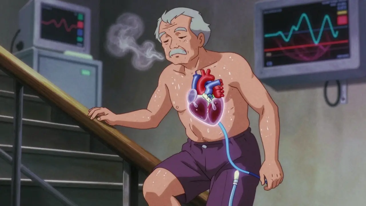 An elderly person climbing stairs while a TAVR valve replaces a diseased aortic valve inside their chest, shown in retro anime style.