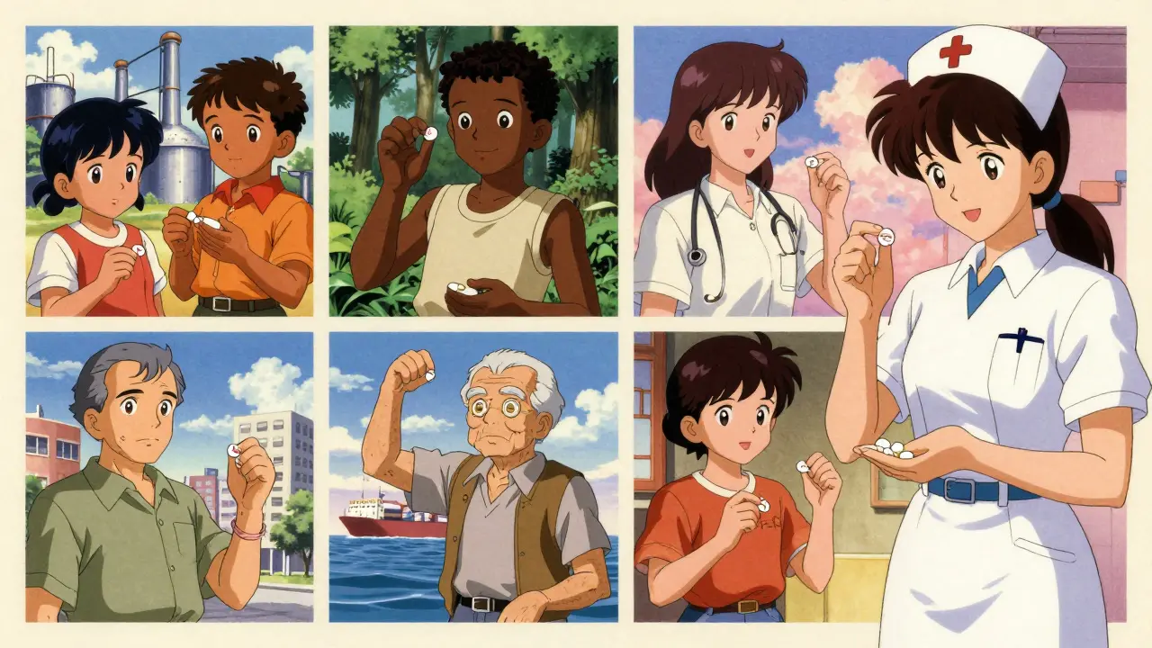 Diverse patients around the world receiving identical Indian-made generic medicines in a nostalgic 80s anime style.