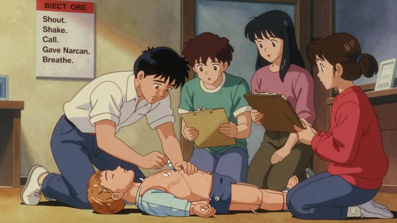 Family practicing overdose response with mannequin, using training naloxone kit in living room.