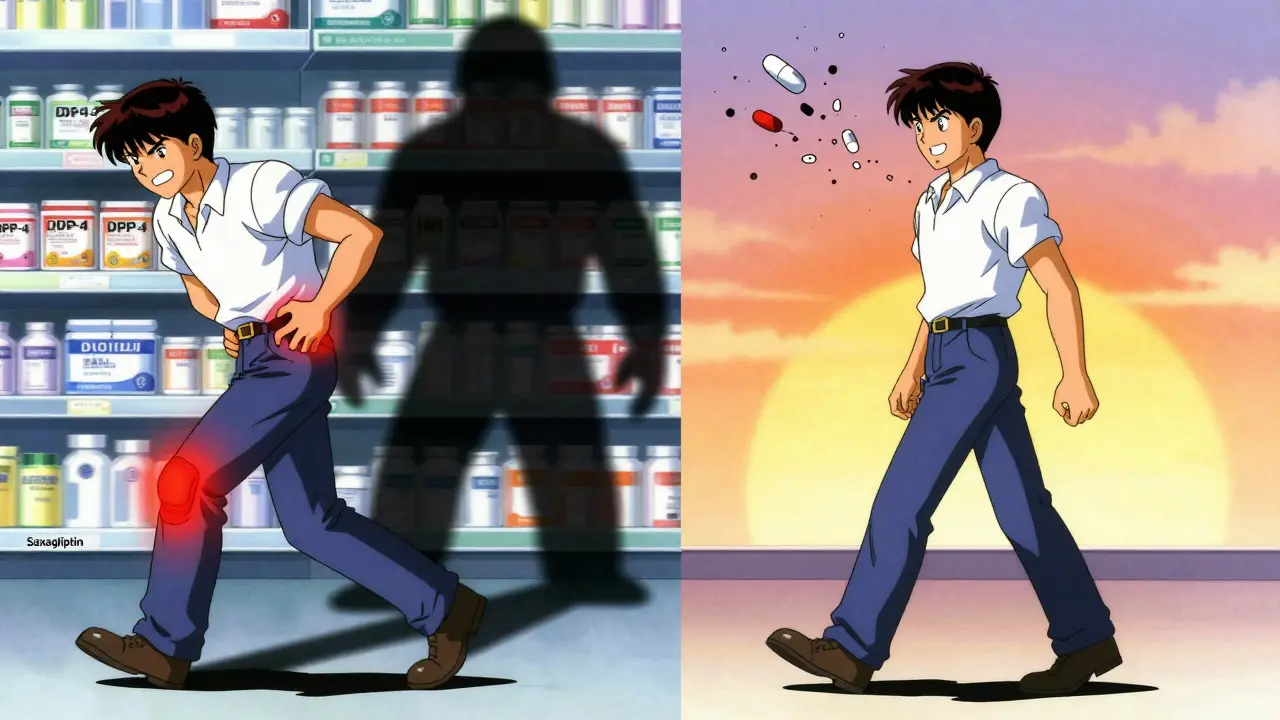 Man experiences severe joint pain from a pill, then finds relief as the pill shatters and sunlight returns.