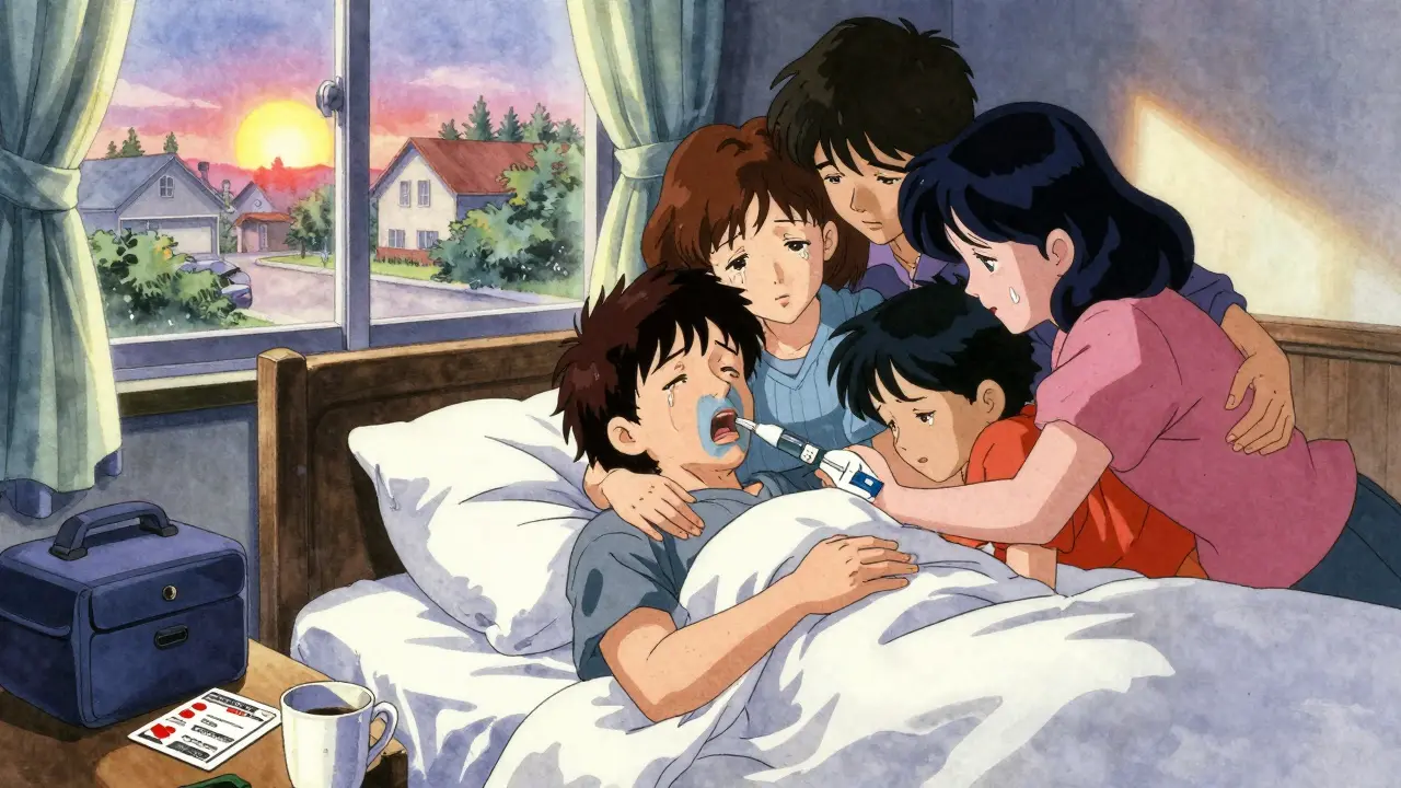 Overdose survivor waking up surrounded by hugging family, dawn light streaming through window.