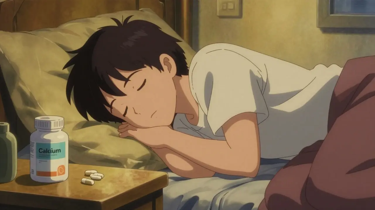 Person taking calcium and iron supplements at bedtime