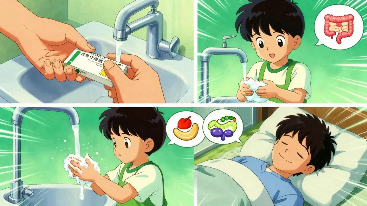 Three scenes showing antibiotic refusal, handwashing, and recovery after FMT, depicted in vibrant retro anime style with glowing effects.