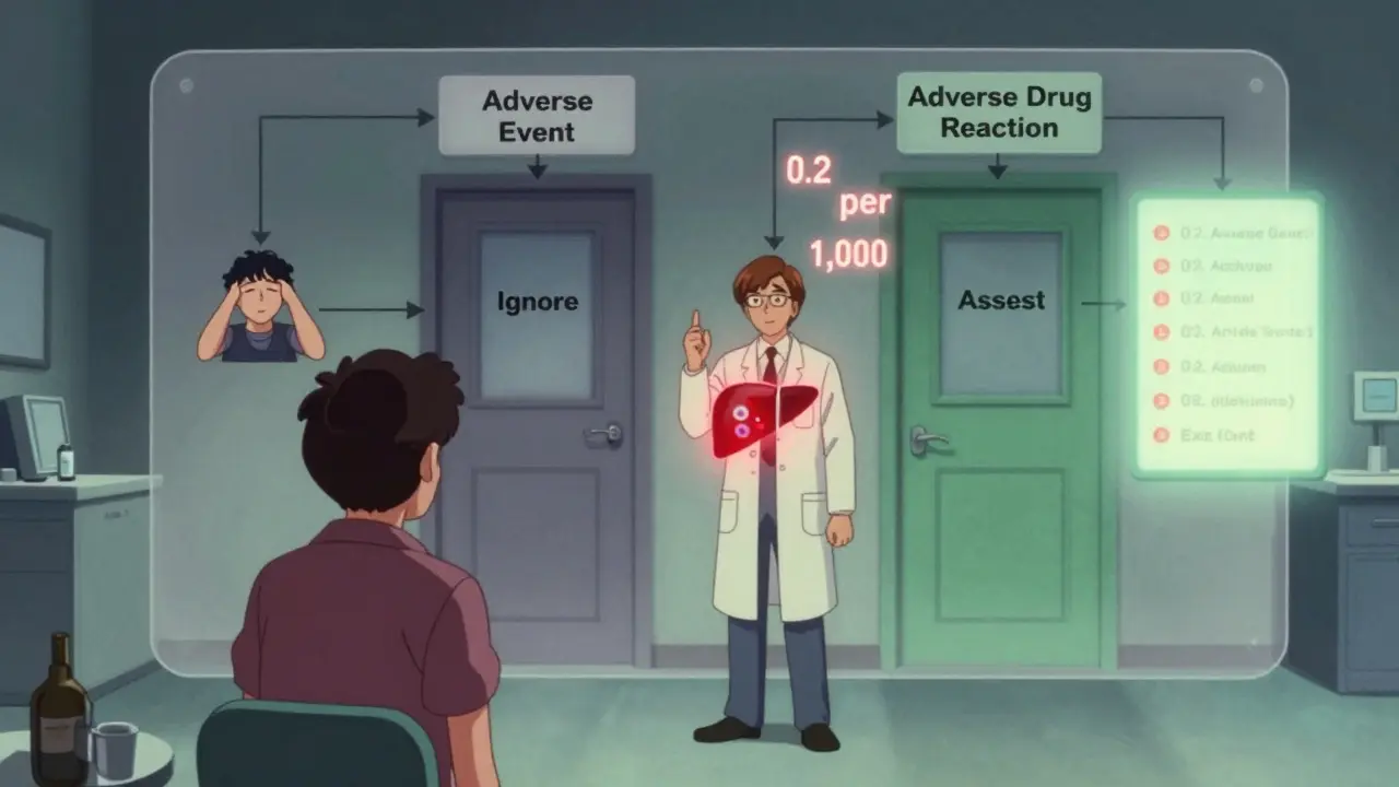 A doctor and patient view a flowchart distinguishing adverse events from drug reactions with numerical risk data.
