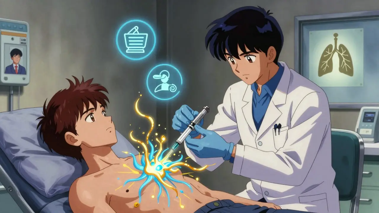 A doctor giving a biologic injection as glowing energy flows into the patient's chest, with fading OCS shadows around them.