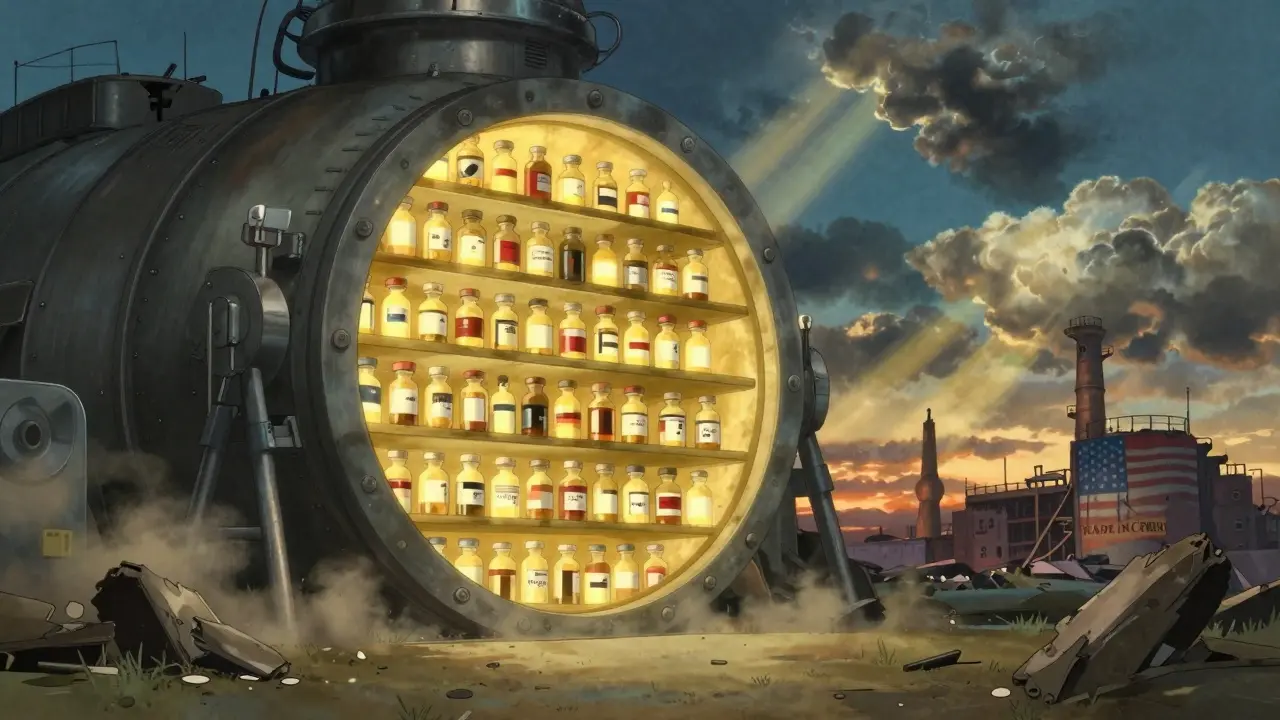 A glowing underground vault holds life-saving drugs, while a crumbling factory fades into dust in the distance.
