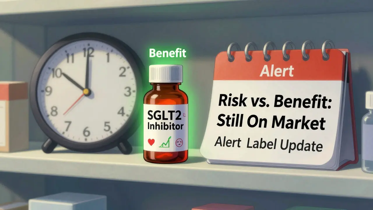 A medication bottle glows with both risk and benefit icons, showing why it remains on the market despite alerts.