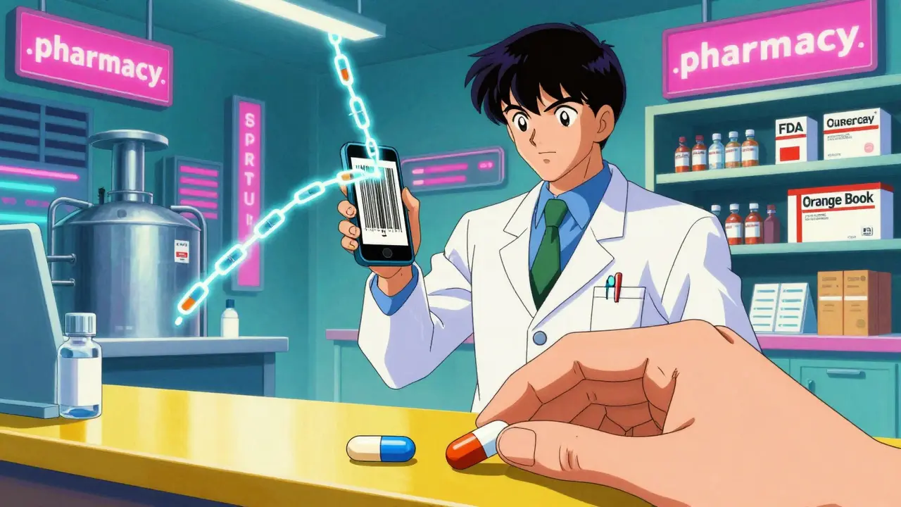 A pharmacist scanning a pill's barcode as digital data traces its supply chain.