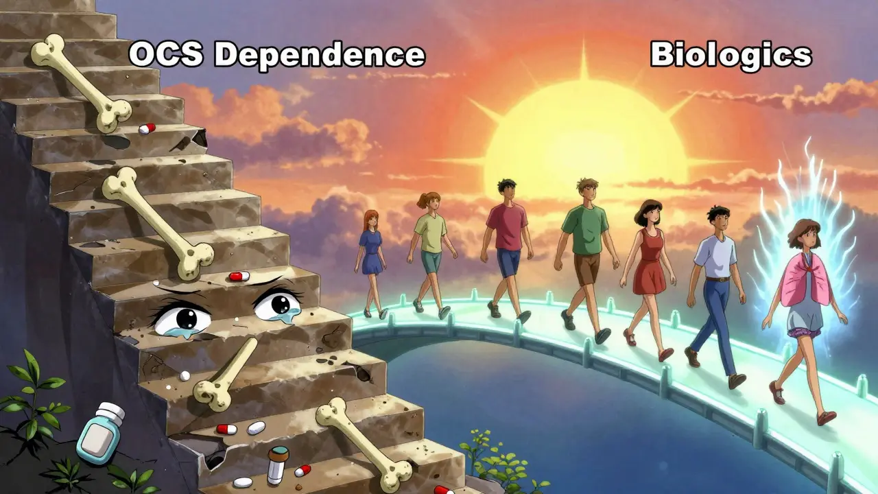 A symbolic path showing decline into OCS dependence on one side and a bright bridge to biologic recovery on the other.